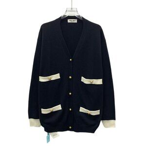 Miu Miu Womens Black Cardigan W/ Gold Buttons & Contrast Cream Pockets Size 38 M